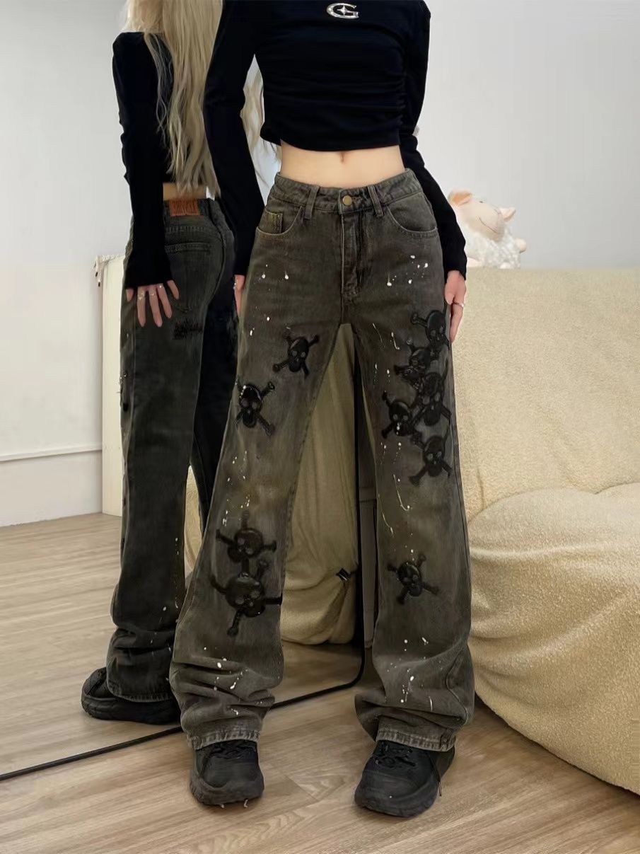 美式高街潑墨骷髏貼皮刺繡牛仔褲女潮牌高腰寬鬆顯瘦闊腿拖地長褲