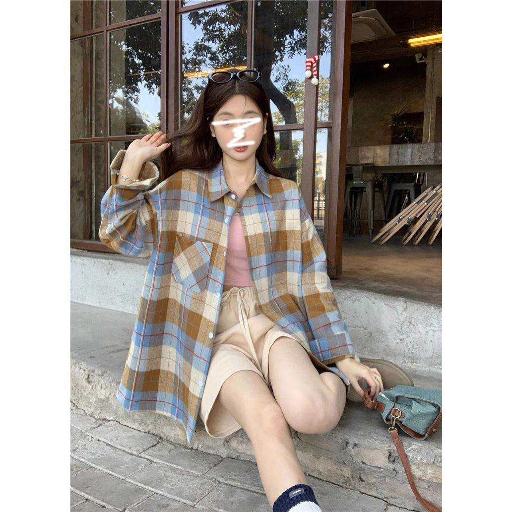 日系復古撞色格子Polo領襯衫女早春季寬鬆高級感格紋襯衣百搭上衣