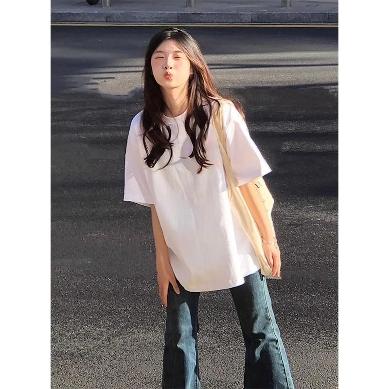 100%純棉短袖t恤女2024夏季新款韓版學生寬鬆百搭純色女士ins上衣
