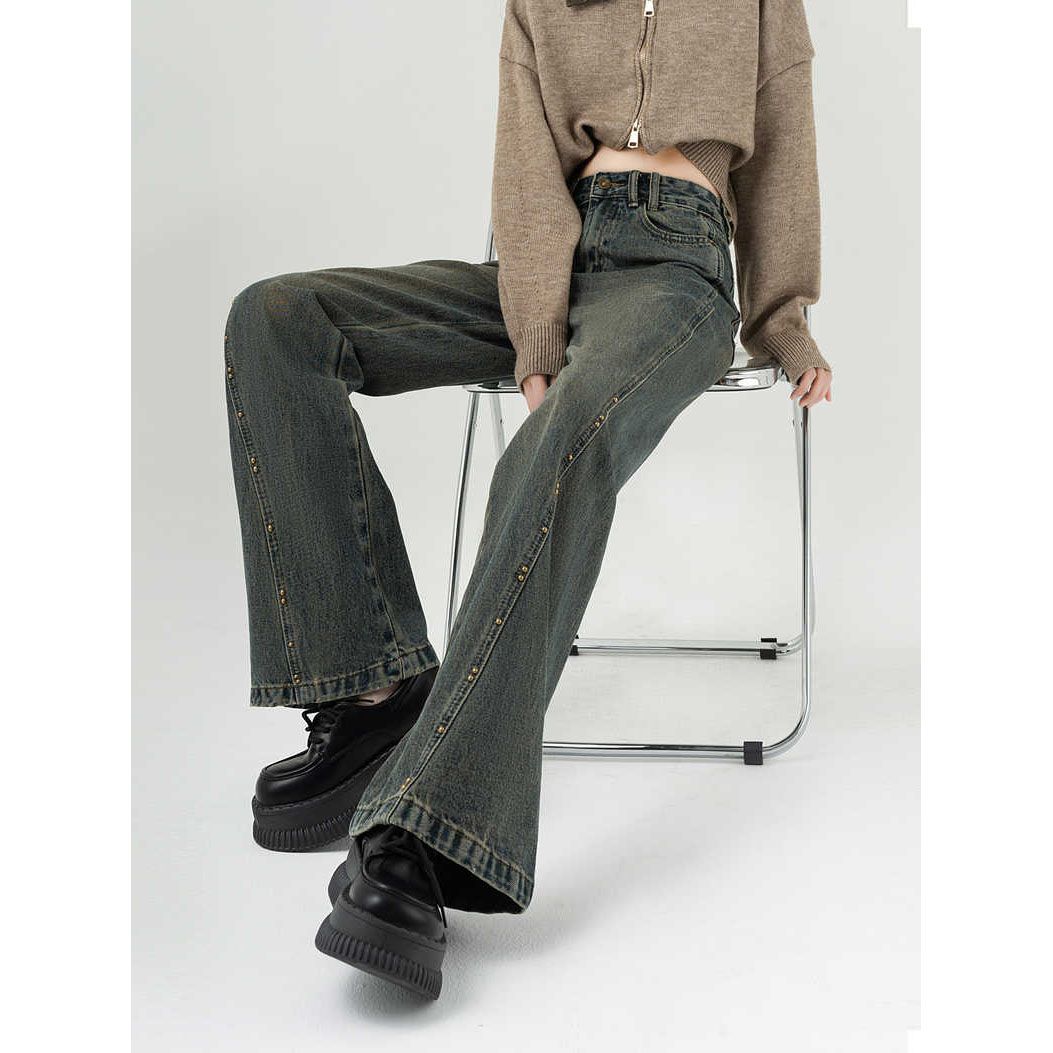 Retro straight-leg jeans for women 2024 spring new style high-waisted design rivet splicing loose slightly flared wide-leg pants