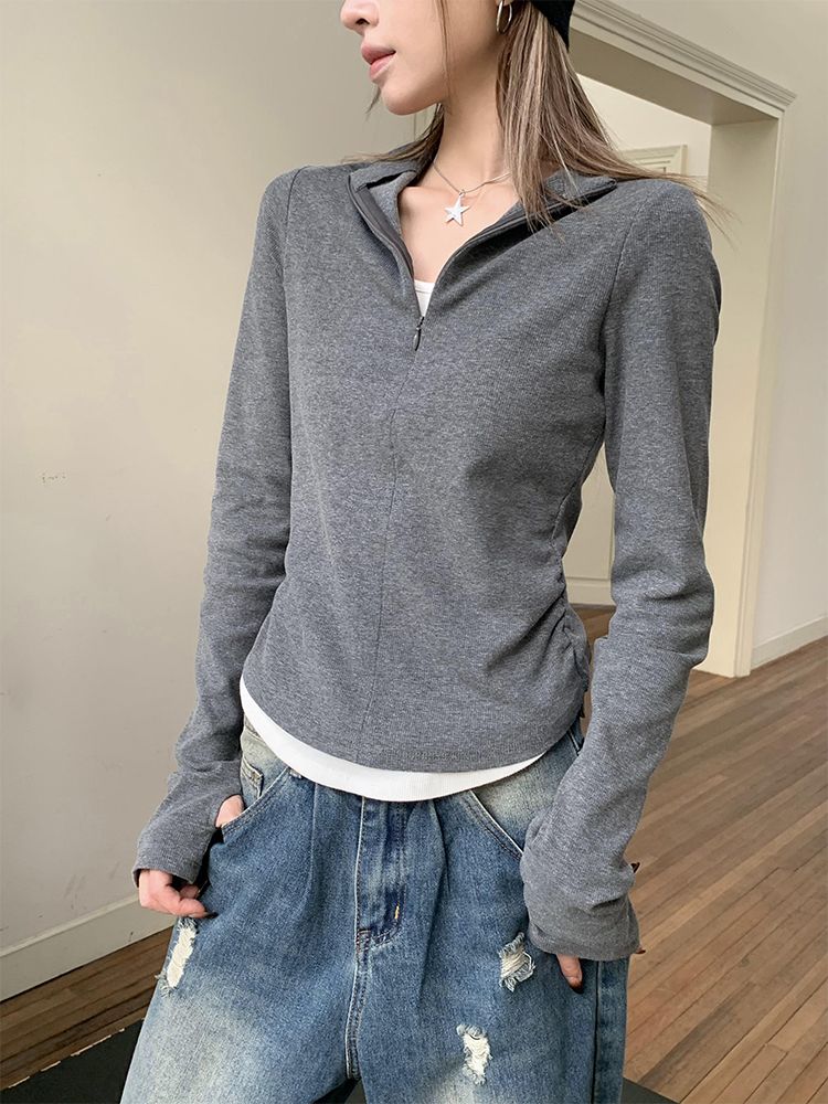 假兩件撞色V領長袖T恤女春裝新款設計感小眾拼接德絨磨毛打底上衣
