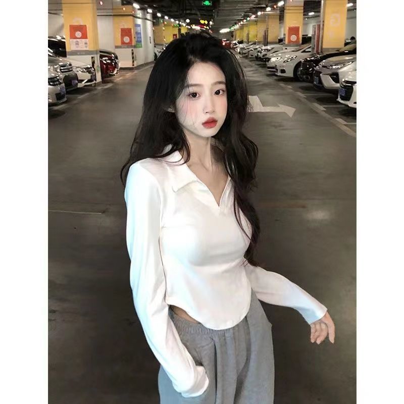 Designed solid color pure cotton irregular long-sleeved T-shirt for female students in spring slimming short Polo collar top