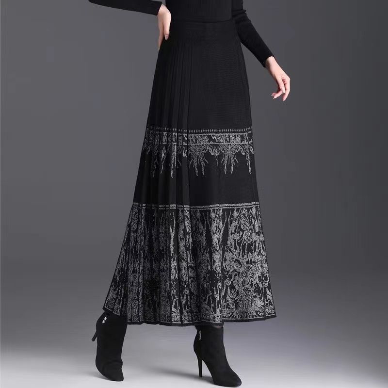 Knitted horse-faced skirt, retro skirt, Chinese-style national style woolen skirt, spring and autumn new model, mid-length slim pleated skirt, spring