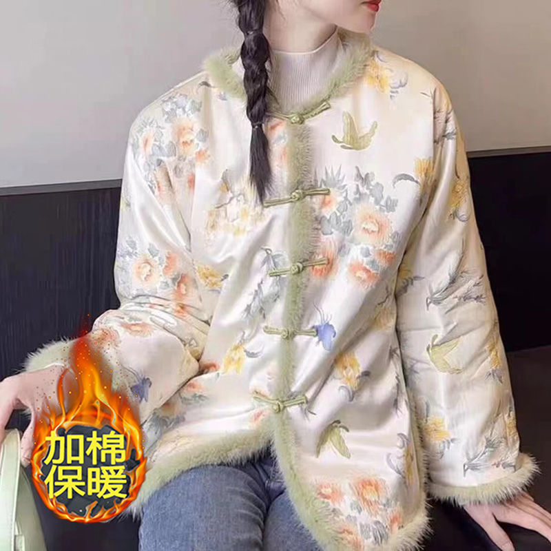Chinese style Tang suit jacket for women high-end spring and autumn new style Hanfu satin large size cotton coat disc button embroidered stand collar splicing