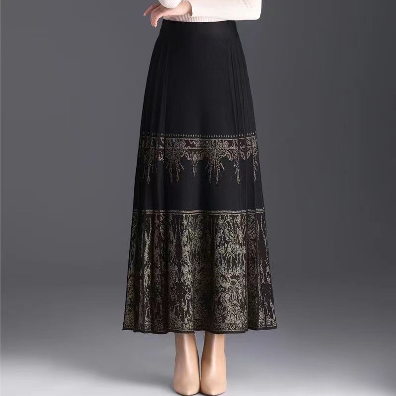 Knitted horse-faced skirt, retro skirt, Chinese-style national style woolen skirt, spring and autumn new model, mid-length slim pleated skirt, spring