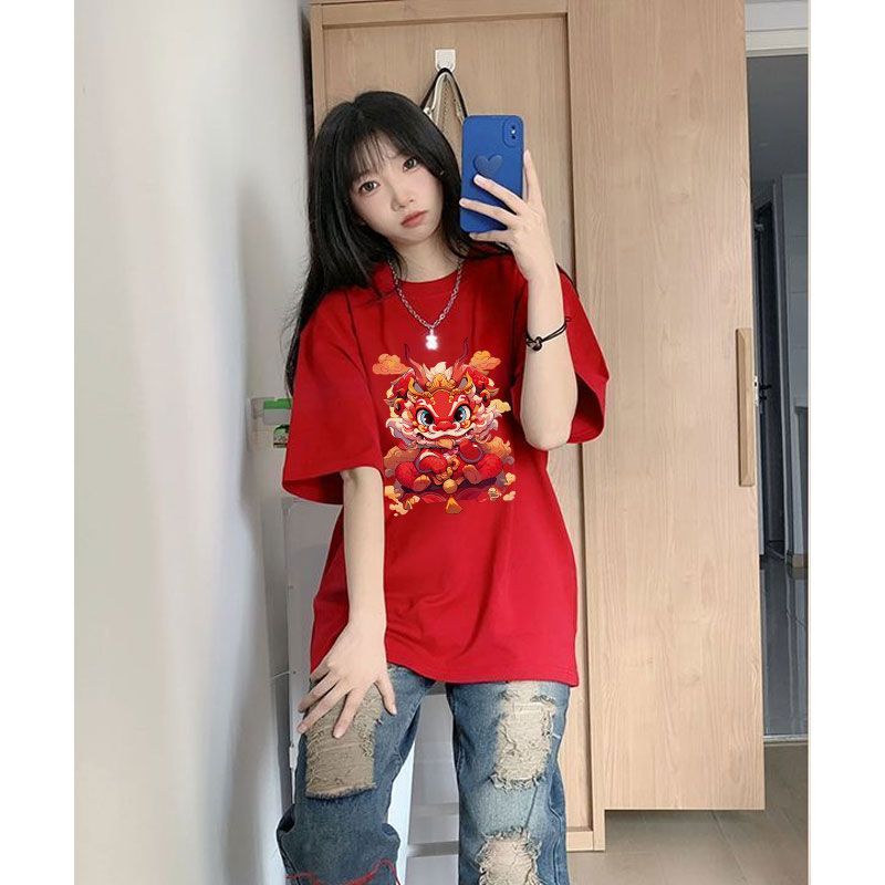 龍年紅色純棉短袖t恤女2024夏季新款時尚洋氣超火ins寬鬆百搭上衣