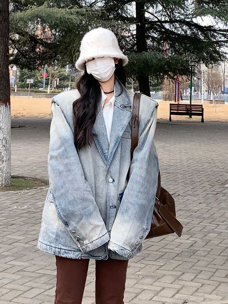 美式復古牛仔西裝領外套女春秋季2024新款設計感小眾寬鬆上衣夾克