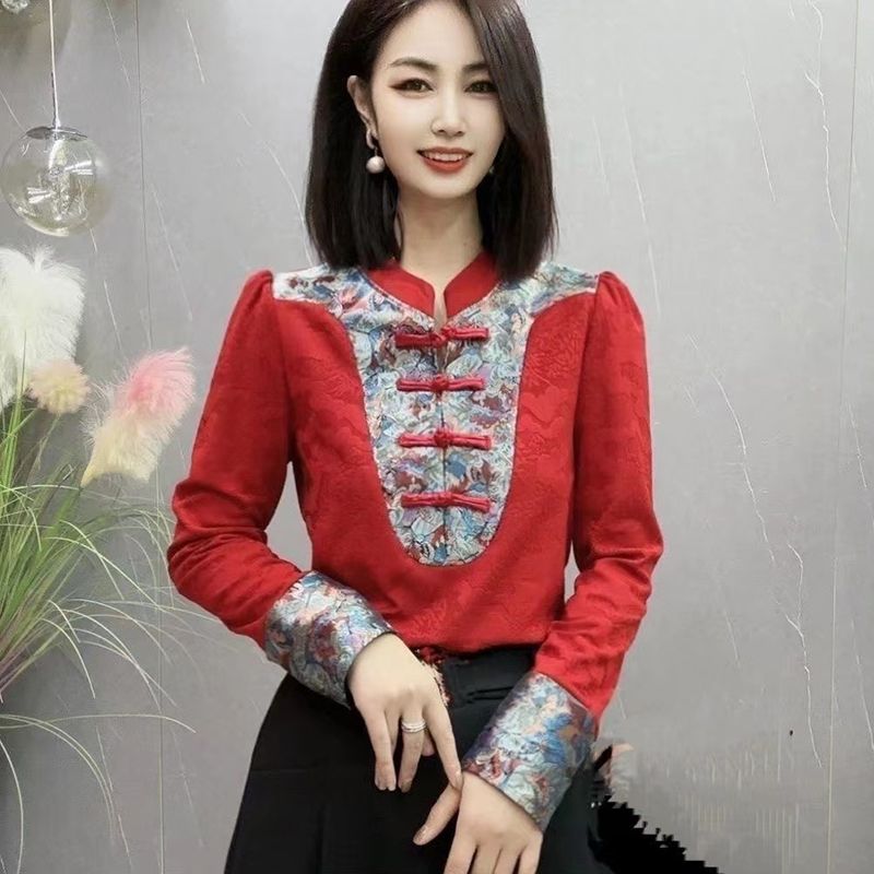 2024新春款刺繡國風提花磨毛絨打底衫女氣質時尚顯瘦保暖襯衫上衣