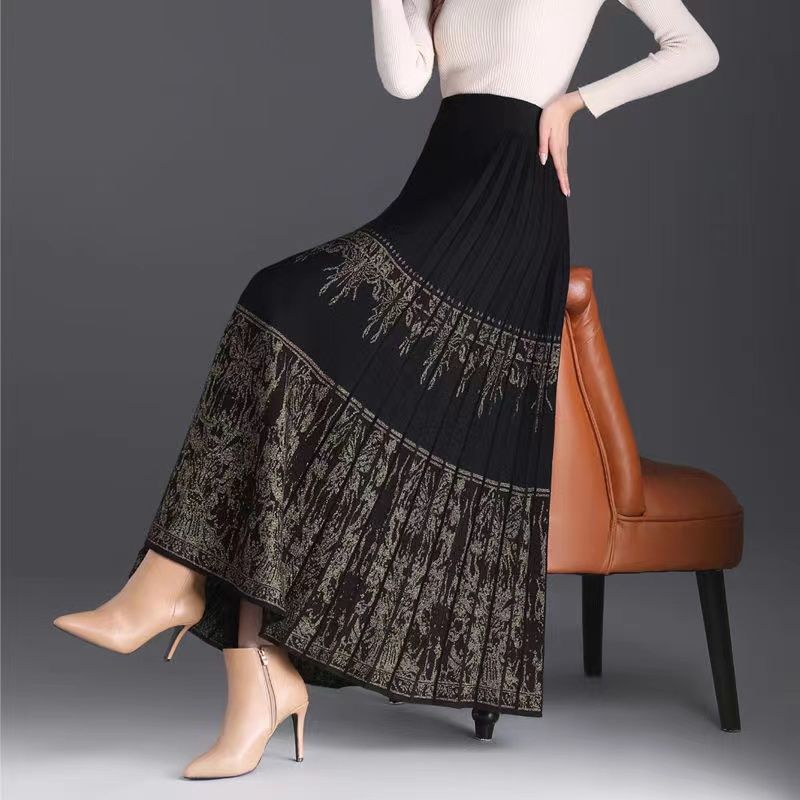 Knitted horse-faced skirt, retro skirt, Chinese-style national style woolen skirt, spring and autumn new model, mid-length slim pleated skirt, spring