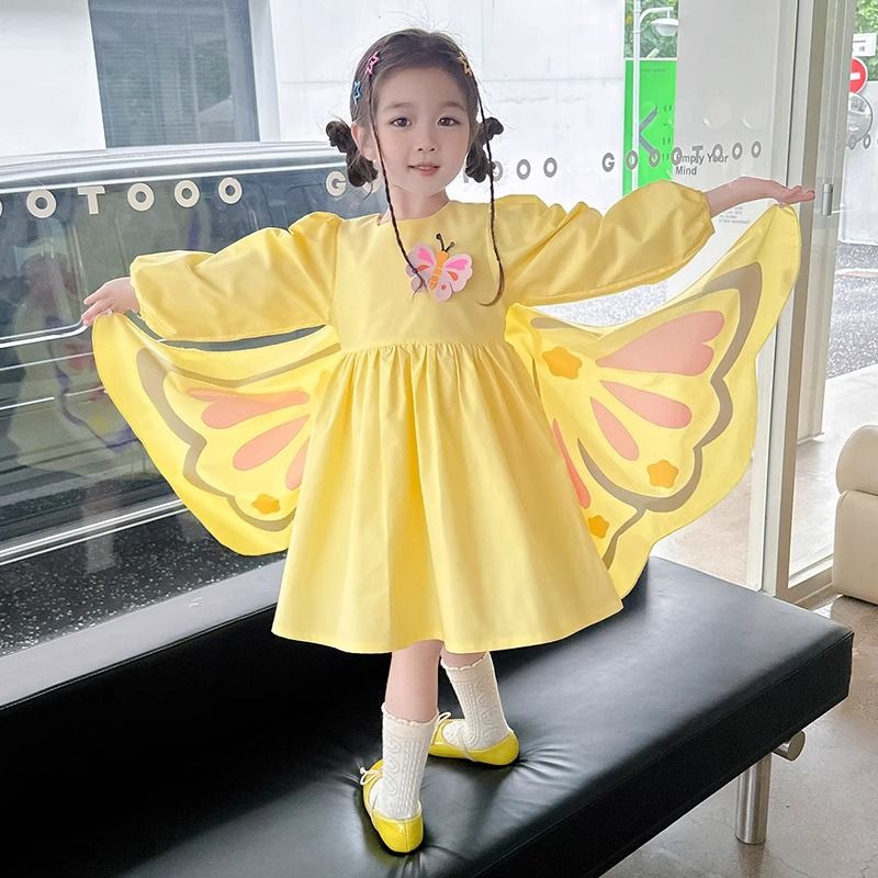 Girls long-sleeved dress spring 2024 new style children's wing princess dress girls spring pure cotton skirt