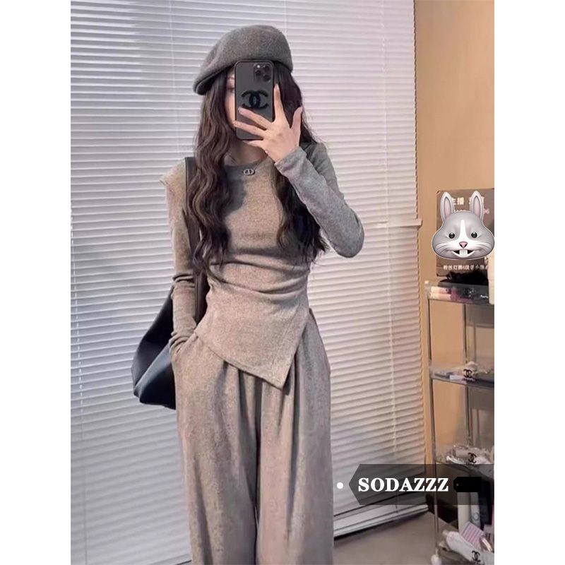 SODAZZZ韓系收腰褶皺不規則圓領上衣春秋高腰直筒褲兩件套套裝女