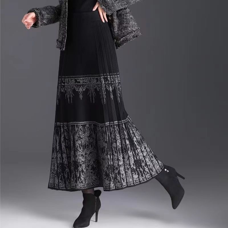 Knitted horse-faced skirt, retro skirt, Chinese-style national style woolen skirt, spring and autumn new model, mid-length slim pleated skirt, spring