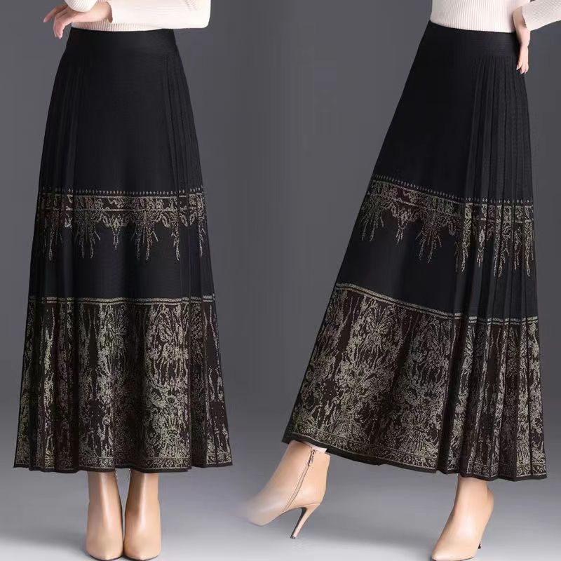 Knitted horse-faced skirt, retro skirt, Chinese-style national style woolen skirt, spring and autumn new model, mid-length slim pleated skirt, spring