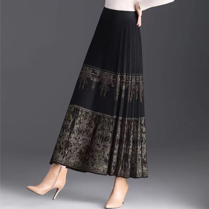 Knitted horse-faced skirt, retro skirt, Chinese-style national style woolen skirt, spring and autumn new model, mid-length slim pleated skirt, spring