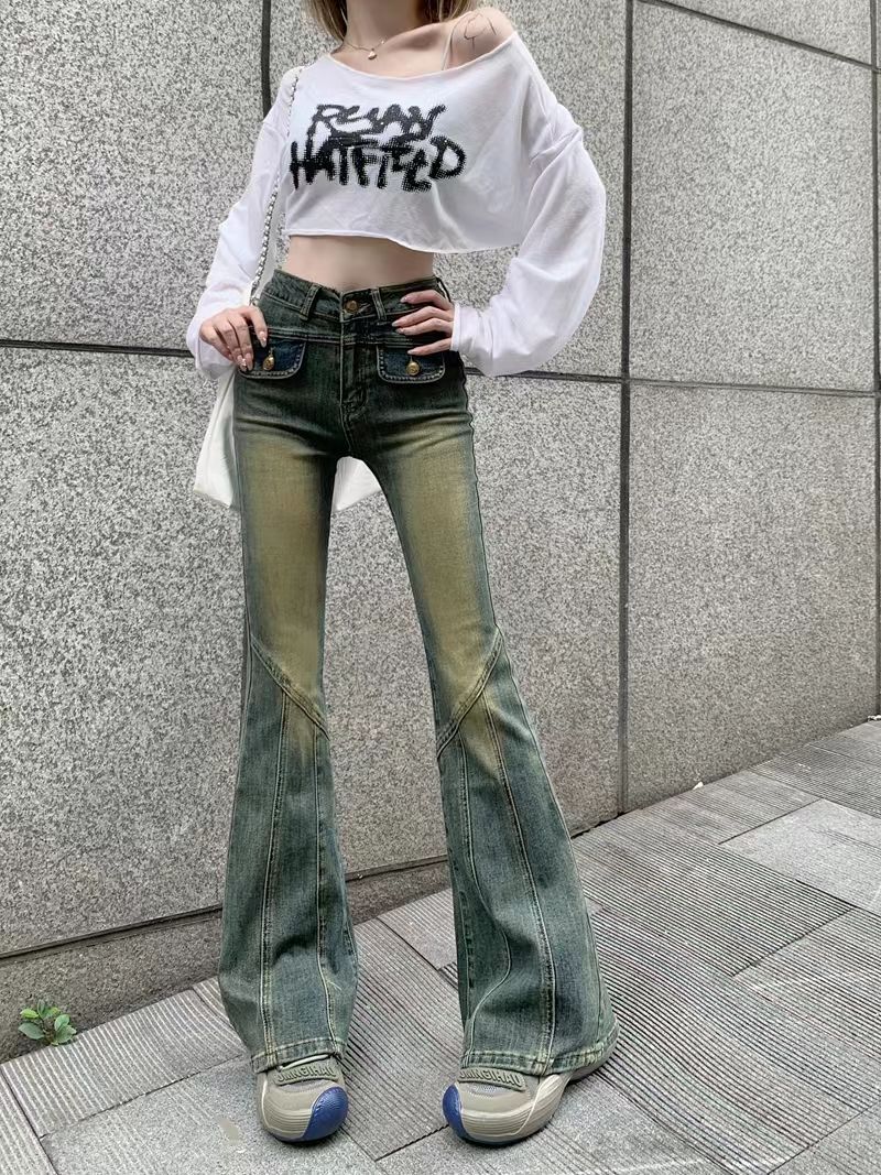 设计感美式复古微喇叭牛仔裤女2023年秋冬高腰修身显瘦拖地马蹄裤