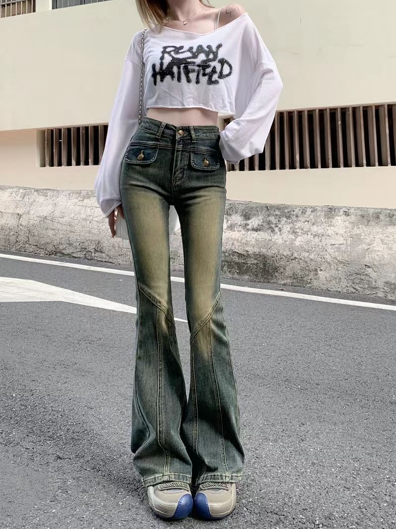 设计感美式复古微喇叭牛仔裤女2023年秋冬高腰修身显瘦拖地马蹄裤