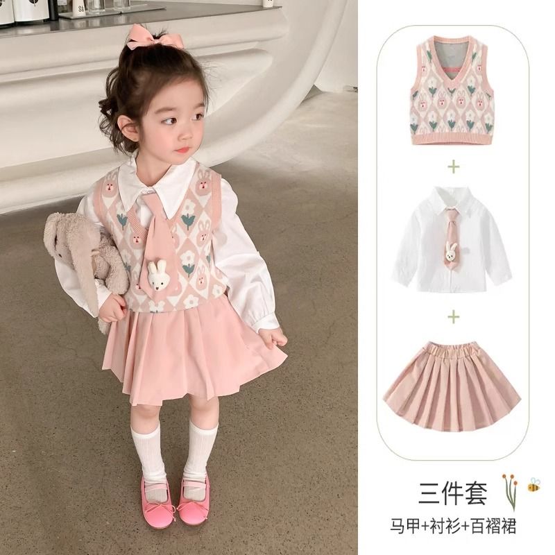 Girls Dress Spring Clothing 2024 New Spring and Autumn College Style Children's Clothing Western Style JK Suit Baby Girl Skirt