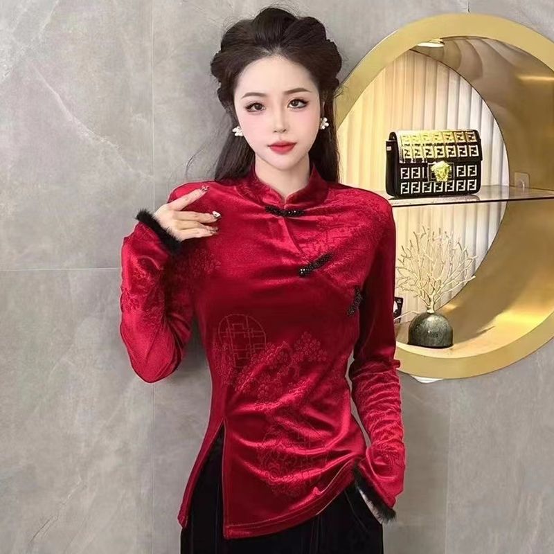 復古中式國風拼接立領小衫盤扣打底長袖春秋新款時尚顯瘦百搭上衣