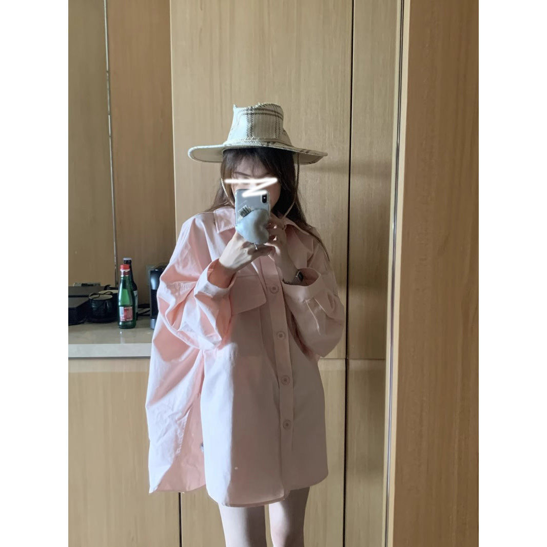 寬鬆休閒粉色長袖襯衫外套女春秋新款韓版顯瘦中長款百搭襯衣上衣