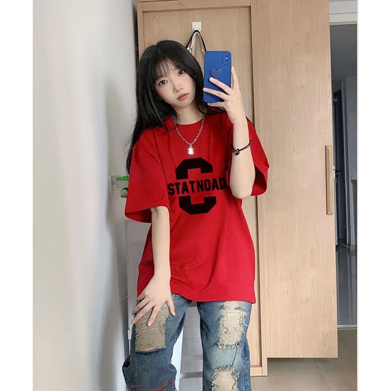 新年紅色衣服印花本命年純棉短袖t恤女韓版洋氣潮外穿名媛打底衫