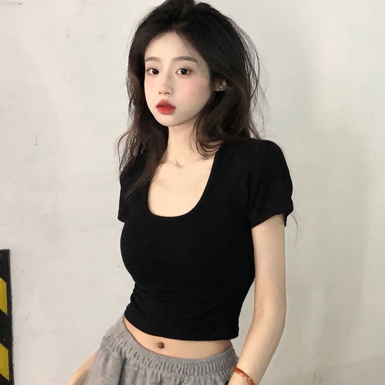 設計感韓版短袖T恤女夏季U領打底衫辣妹修身短款露臍別致上衣潮