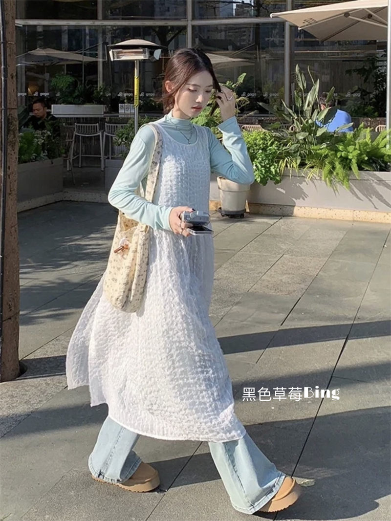 Early spring Korean style ins gentle style reversible white lace vest dress layered with long-sleeved bottoming shirt suit