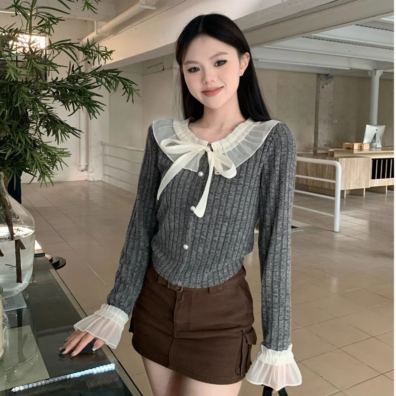 Lace bow tie splicing sweater temperament versatile long-sleeved 2024 spring new autumn and winter top pullover