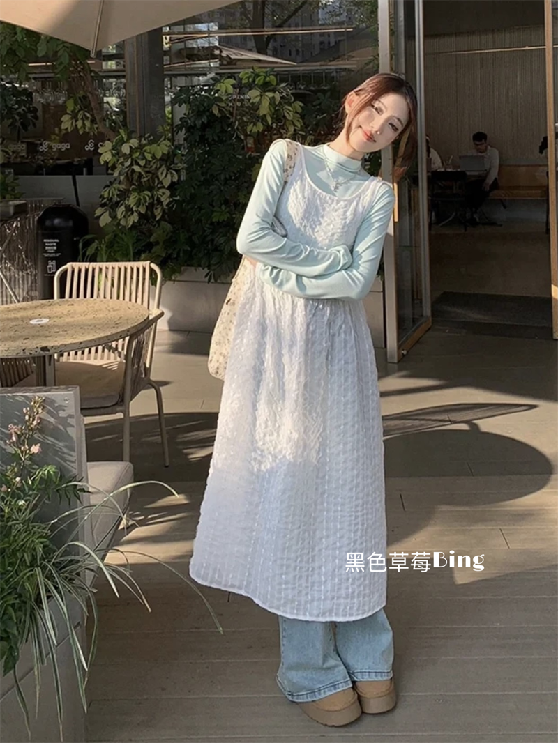 Early spring Korean style ins gentle style reversible white lace vest dress layered with long-sleeved bottoming shirt suit