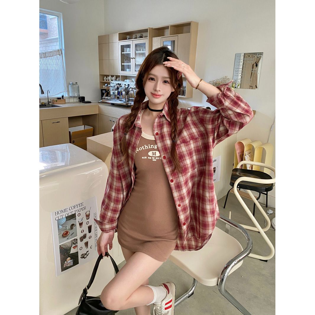 韓版美式復古紅色格子長袖襯衣外套女2024春季百搭休閒Polo領上衣