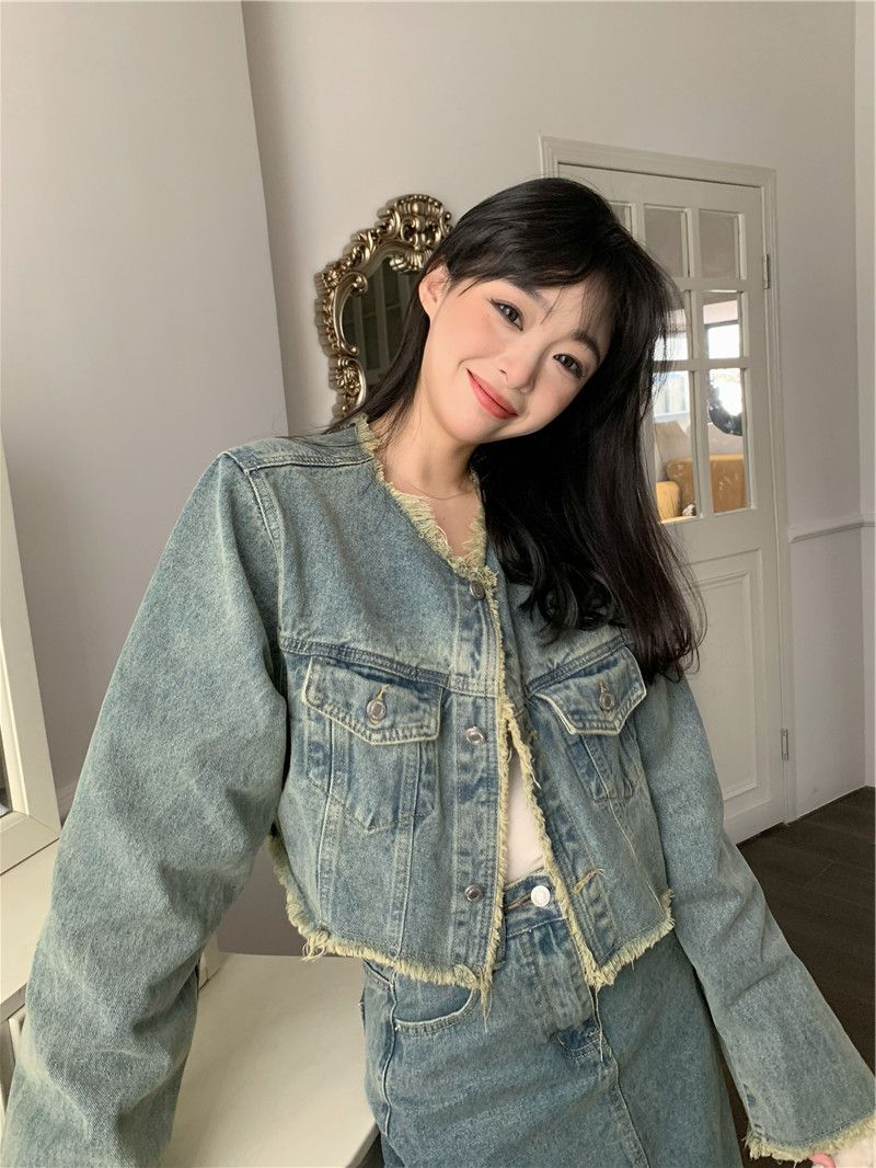 Casual denim suit for women, retro loose new Hong Kong style raw edge jacket, spring mid-length skirt, two-piece set
