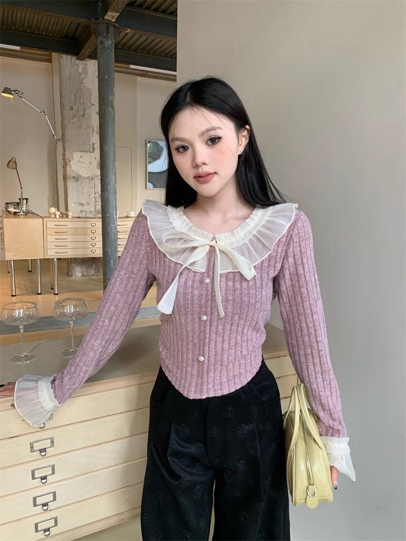 2024 spring new Korean style lace skirt lace-up slim fit versatile slimming wool sweater pullover women's top