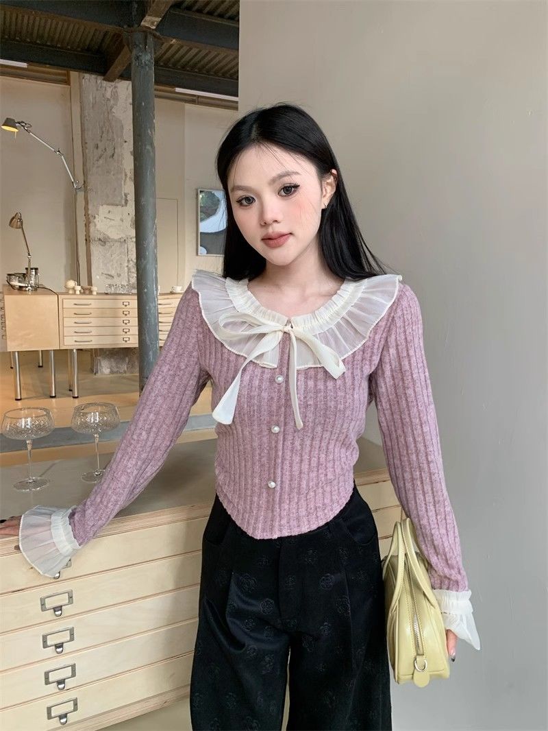 Lace bow tie splicing sweater temperament versatile long-sleeved 2024 spring new autumn and winter top pullover