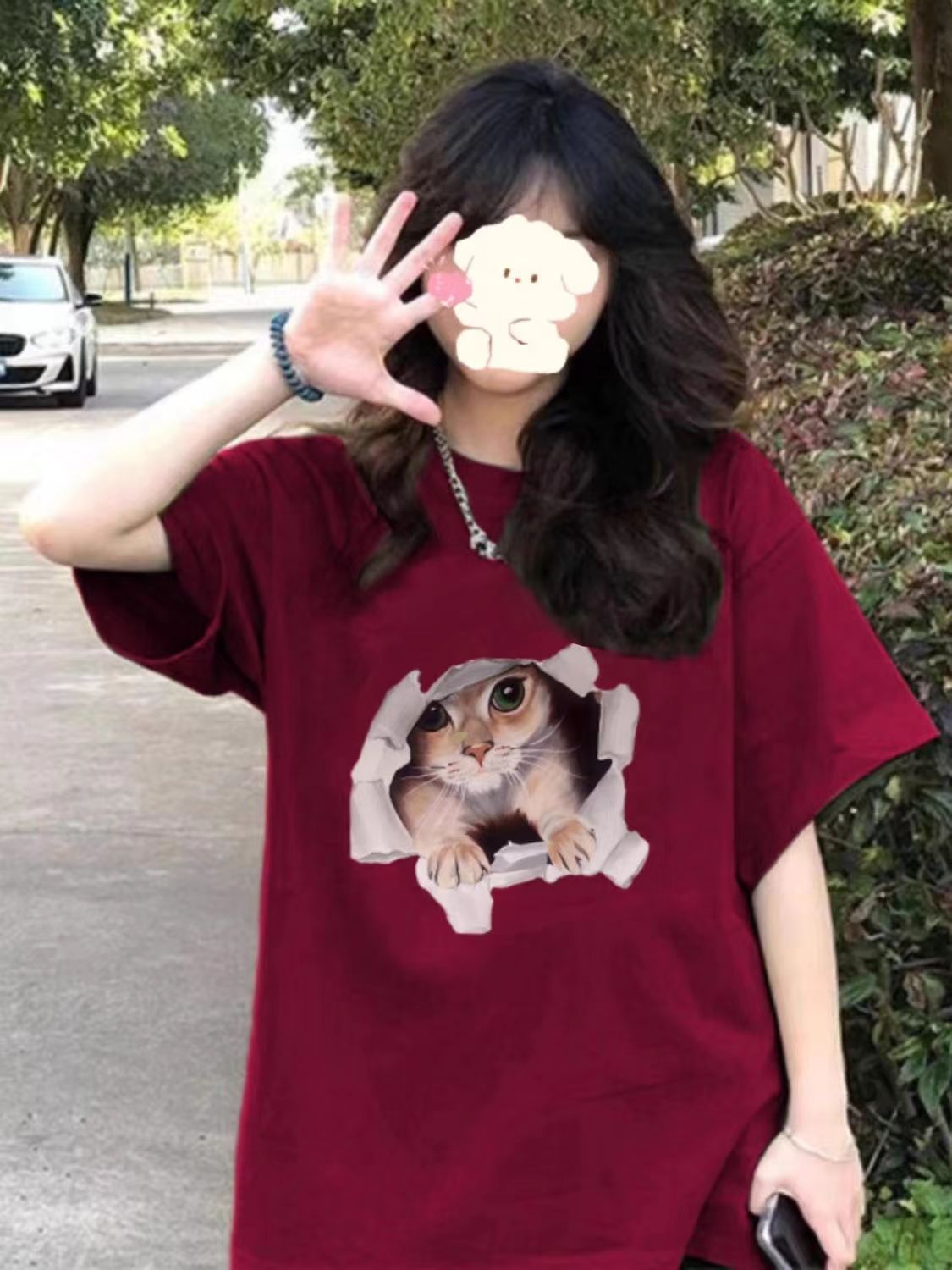 100%純棉t恤短袖女2024新款酒紅色潮牌美式夏季小個子寬鬆上衣ins