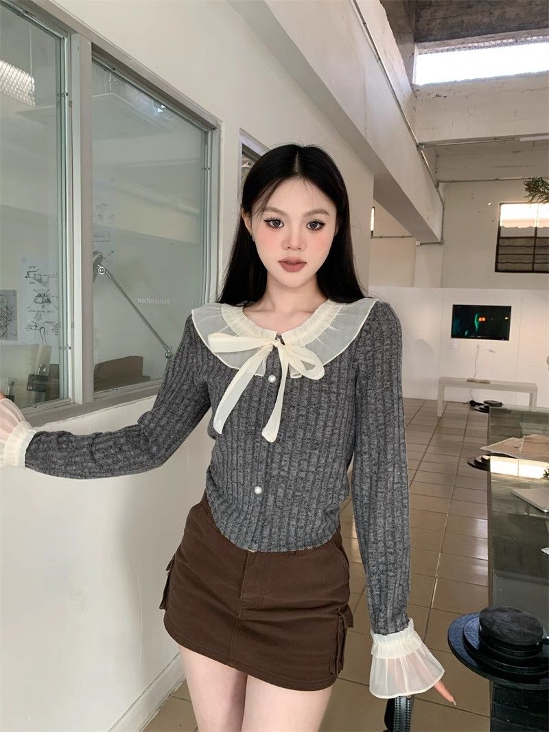 Lace bow tie splicing sweater temperament versatile long-sleeved 2024 spring new autumn and winter top pullover