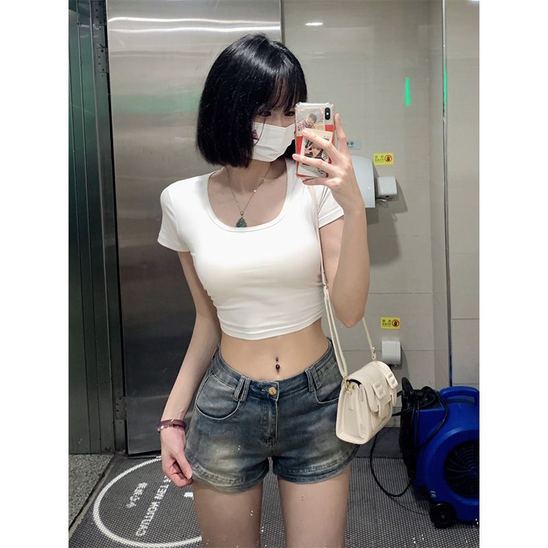 百搭基礎款白色正肩U領短袖t恤女夏季純欲風修身顯瘦短款辣妹上衣