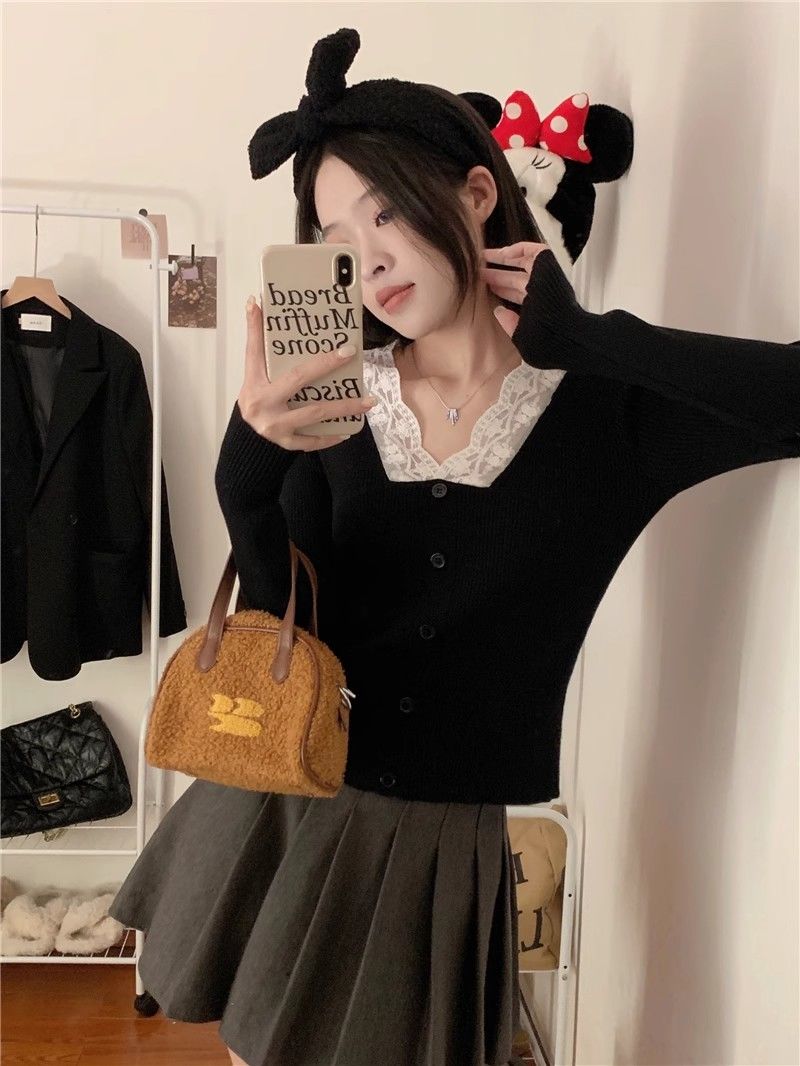 Knitted sweater base for women 2024 new spring style small temperament splicing lace outer wear slimming slim sweater top