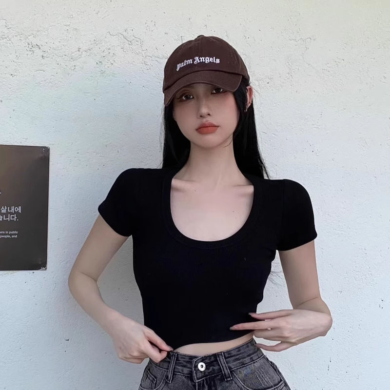 黑色U領正肩小眾t恤女夏辣妹純欲風修身內搭短款露臍上衣緊身春秋