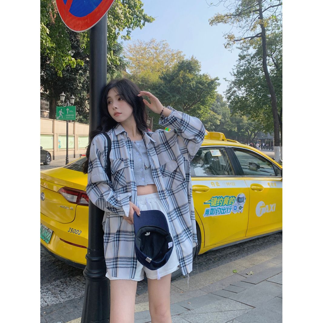 復古長袖格子襯衫外套女春秋新款設計感小眾流蘇下擺百搭襯衣上衣