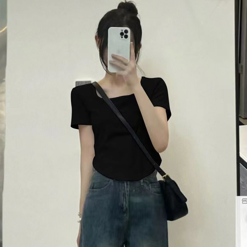 純棉純色u領正肩t恤短袖女夏季不規則甜辣短款遮肚子顯瘦休閒上衣