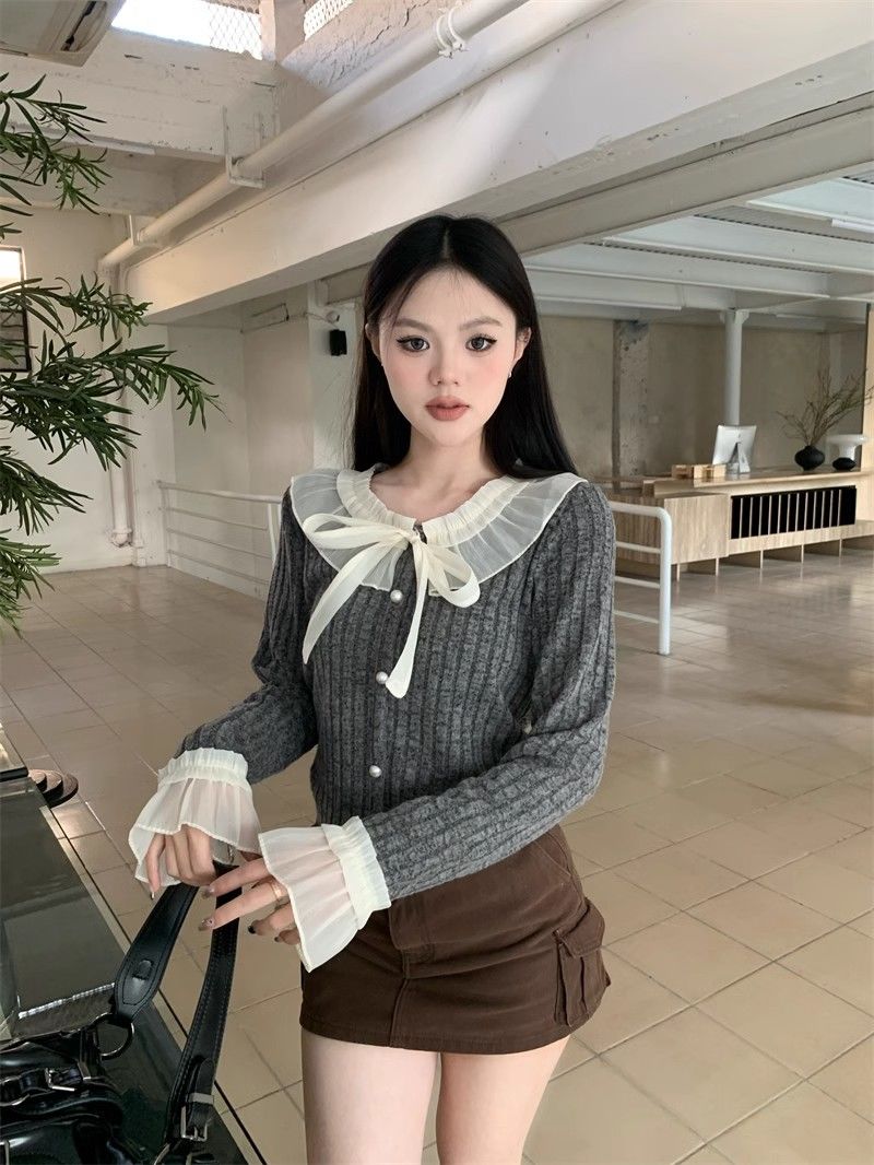 2024 spring new Korean style lace skirt lace-up slim fit versatile slimming wool sweater pullover women's top