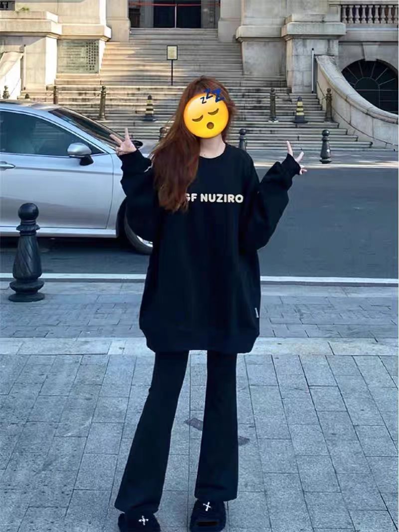 學生百搭中長款顯瘦加絨衛衣女2024春秋新款韓版寬鬆加厚上衣外穿