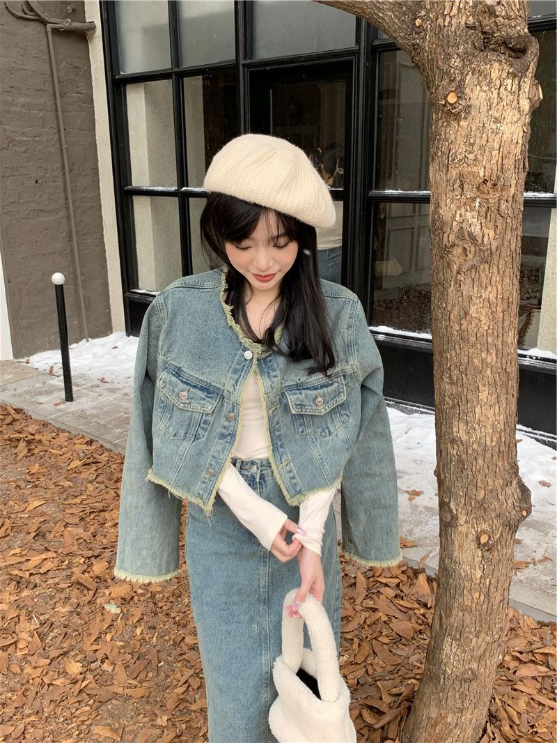 Casual denim suit for women, retro loose new Hong Kong style raw edge jacket, spring mid-length skirt, two-piece set