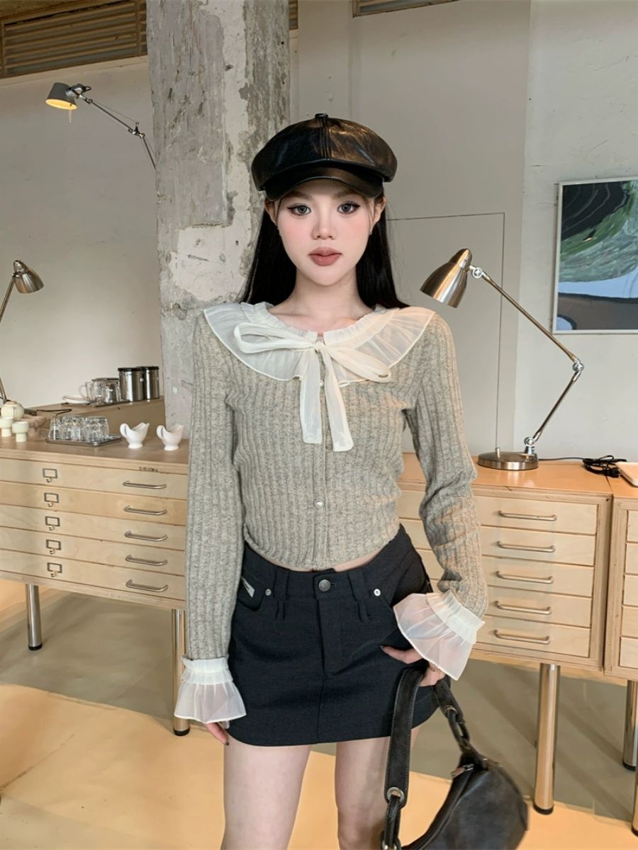 Lace bow tie splicing sweater temperament versatile long-sleeved 2024 spring new autumn and winter top pullover