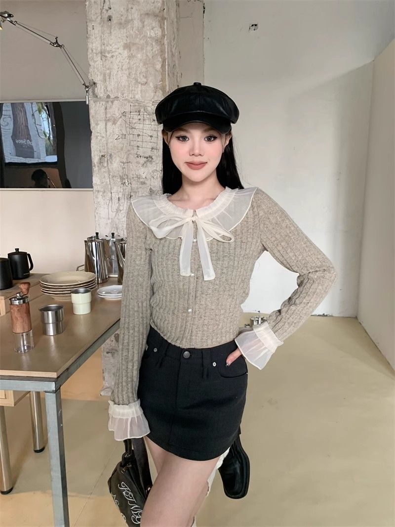 2024 spring new Korean style lace skirt lace-up slim fit versatile slimming wool sweater pullover women's top