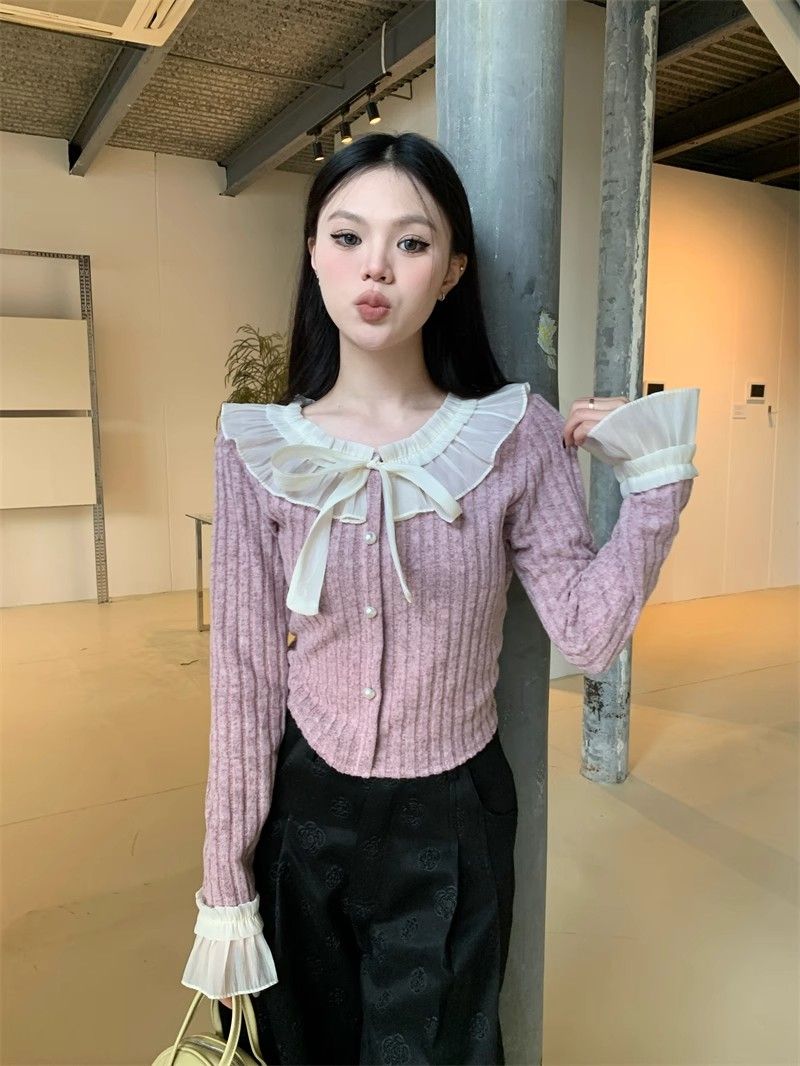 Lace bow tie splicing sweater temperament versatile long-sleeved 2024 spring new autumn and winter top pullover