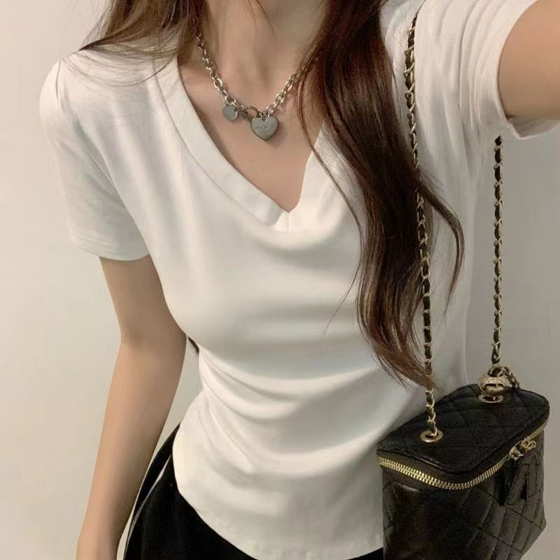 v領正肩弧形下擺短袖t恤女學生夏季新款修身顯瘦辣妹百搭短款上衣
