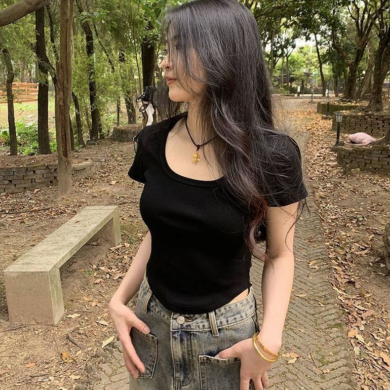 U領短袖白色正肩t恤女夏季新款設計感不規則修身顯瘦辣妹短款上衣