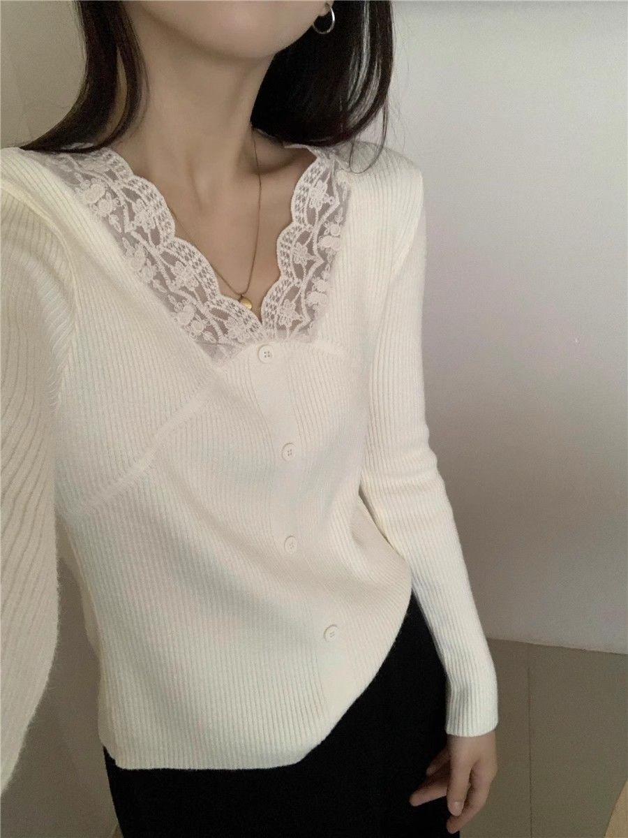 Lace v-neck knitted bottoming sweater for women 2024 new high-end design versatile slimming sweater top