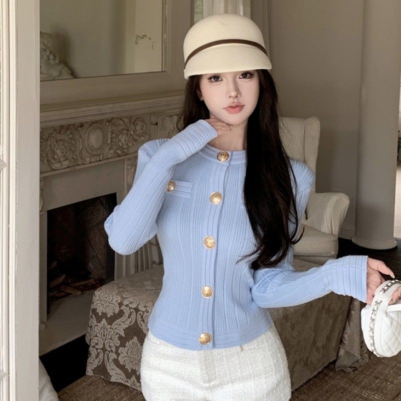 Xiaoxiangfeng short knitted cardigan jacket for women spring 2024 new French style niche western style long-sleeved top trend