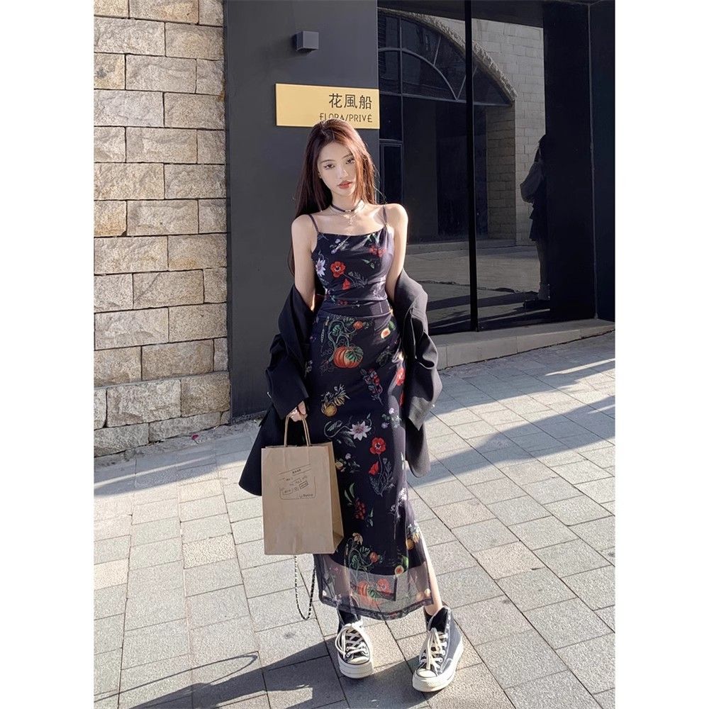 SHOPLAH Retro Floral Suspender Dress Female Hot Girl Temperament Pleated Waist Slimming Hip Skirt A-line Short Skirt